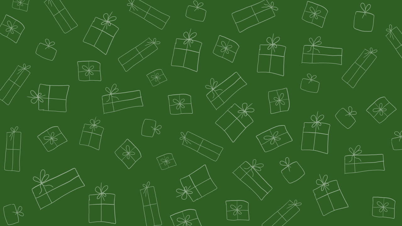 Minimalist Christmas card patterns with gifts and snowflakes. Hand-drawn in doodle style. Loop animated green background.