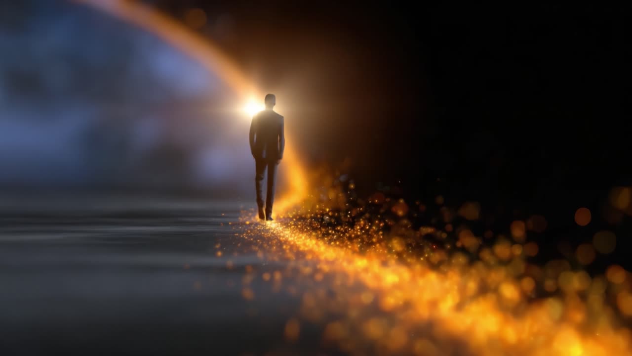 A lone figure confidently walks along a shimmering path of golden particles, symbolizing the journey of life and the pursuit of dreams and aspirations at dusk
