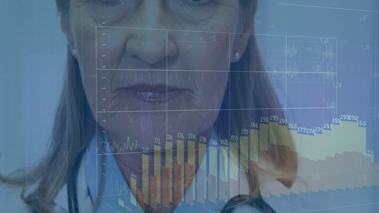 Analyzing medical data, doctor using animation with bar charts and graphs