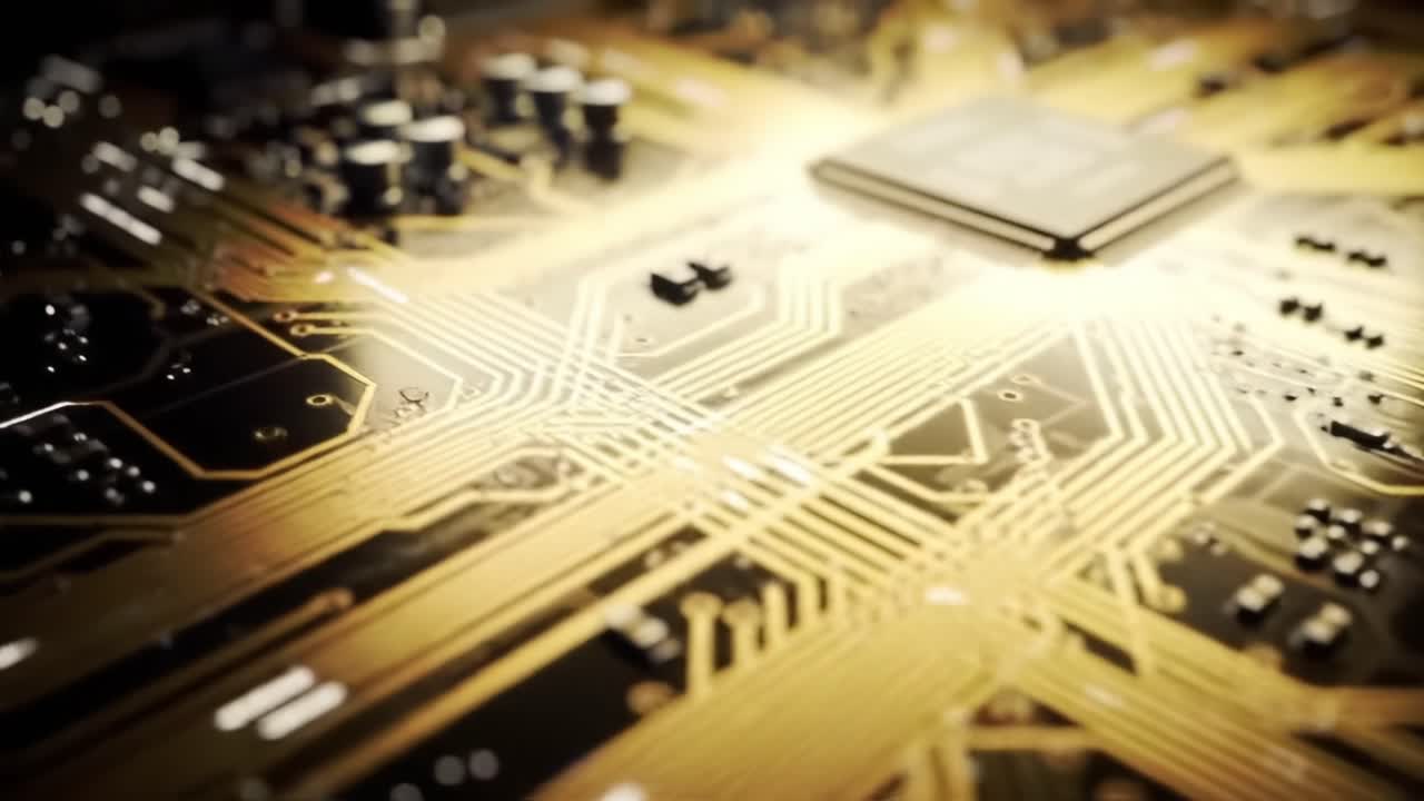A Close-Up of a Modern Circuit Board Highlighting Intricate Pathways and Components Reflecting Light for a High-Tech Aesthetic