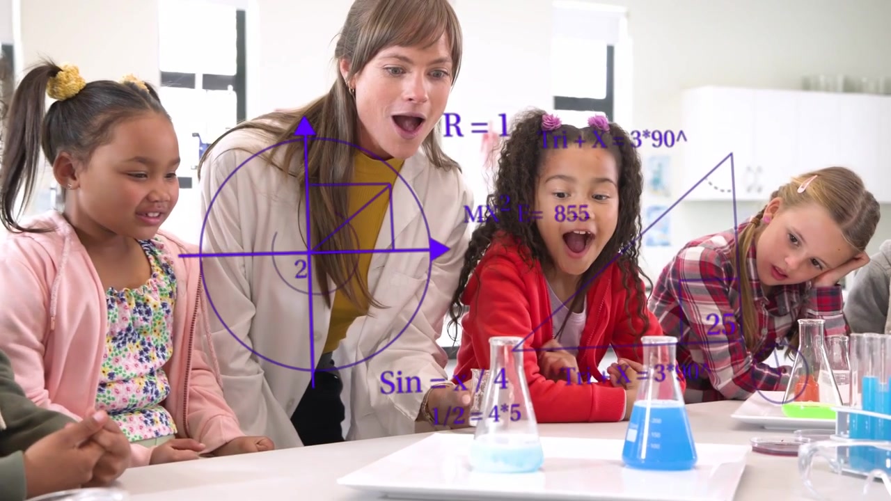 Science teacher guiding girl pouring into flask in lab, first pour causing foam, purple overlaying