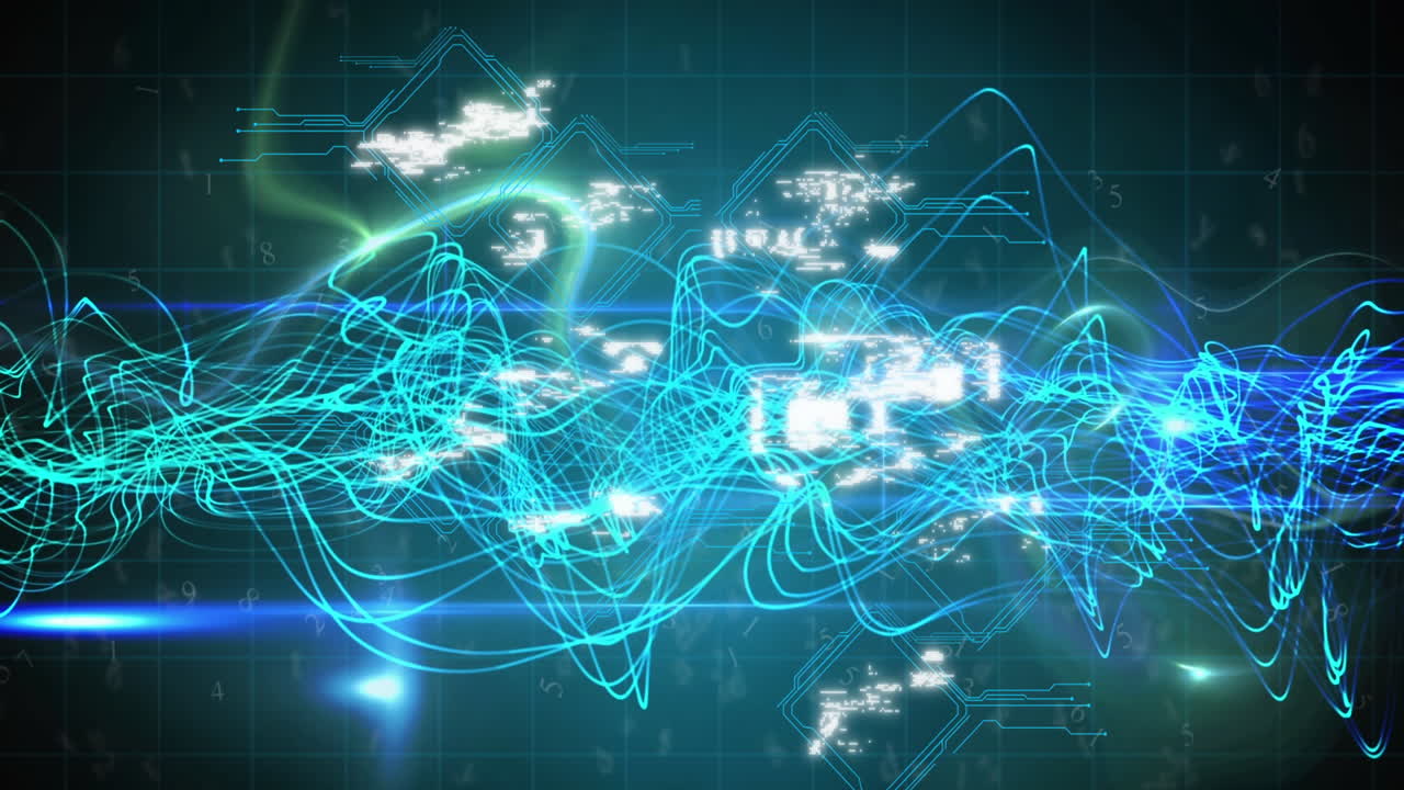 디지털 아이콘, 디지털 파동, 빛 점 및 데이터 처리의 애니메이션, 파란색 배경