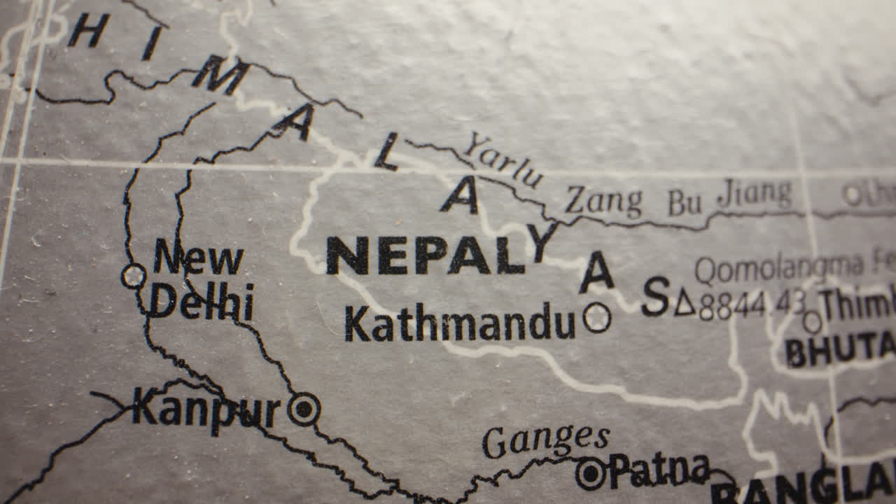 Close-up of a map showing Nepal and surrounding regions