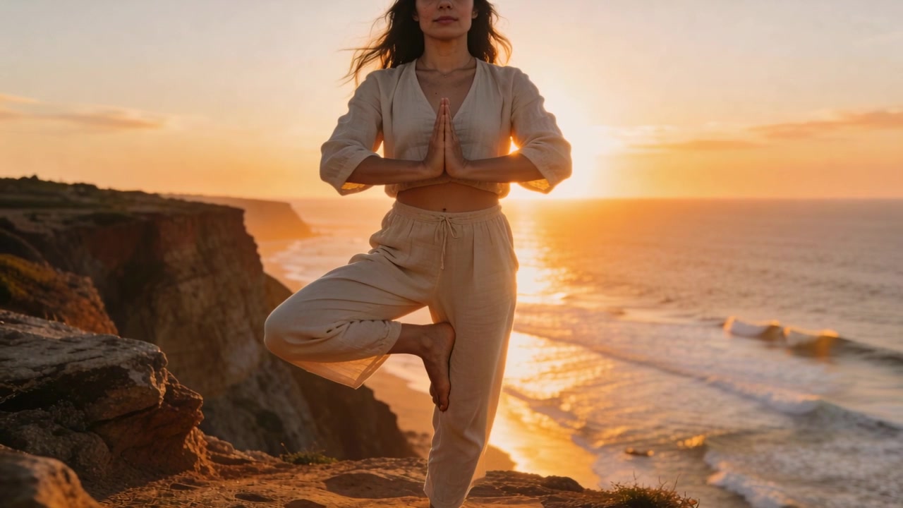 Donna in equilibrio che pratica la posizione dell'albero sull'oceano su una scogliera rocciosa al tramonto, indossando un completo beige, a piedi nudi.