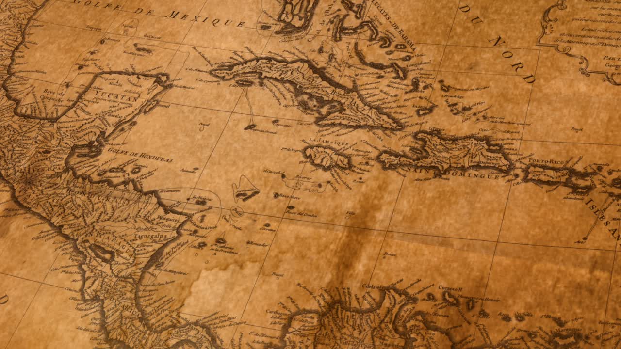 Close up of antique Caribbean map with Cuba and Hispaniola