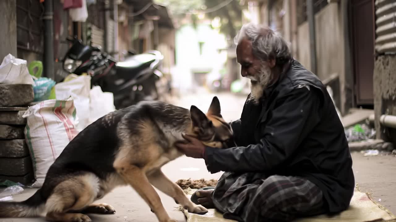 A touching moment between a man and his loyal dog in an intimate street setting, showcasing the bond of companionship that transcends words and captures pure emotion.