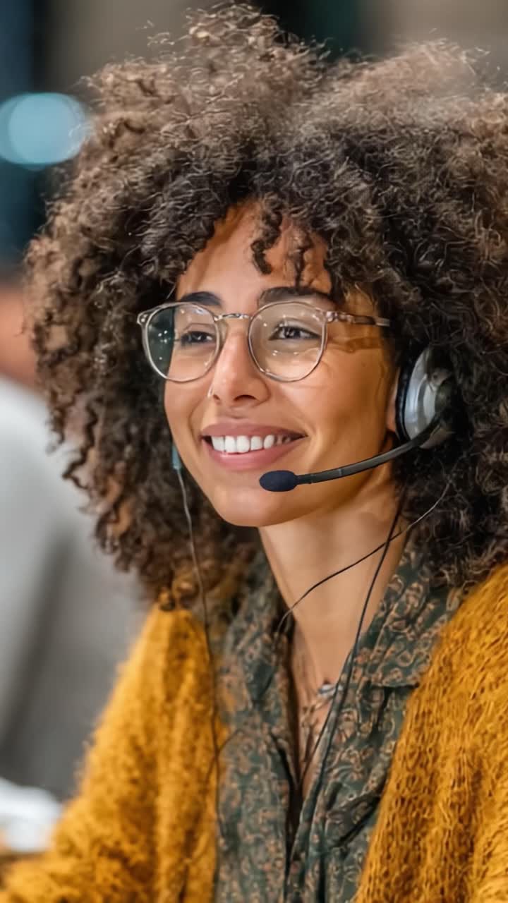 Engasjerende tilkobling: En blid kundeservice-representant demonstrerer profesjonalitet med et vennlig smil og headset i et kontormiljø