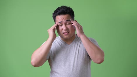 young handsome overweight asian man against green background