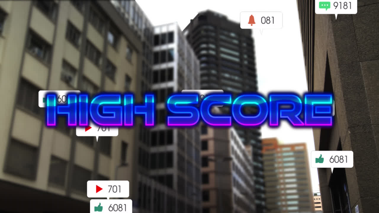 animación de la puntuación alta y las reacciones de las redes sociales sobre el paisaje urbano