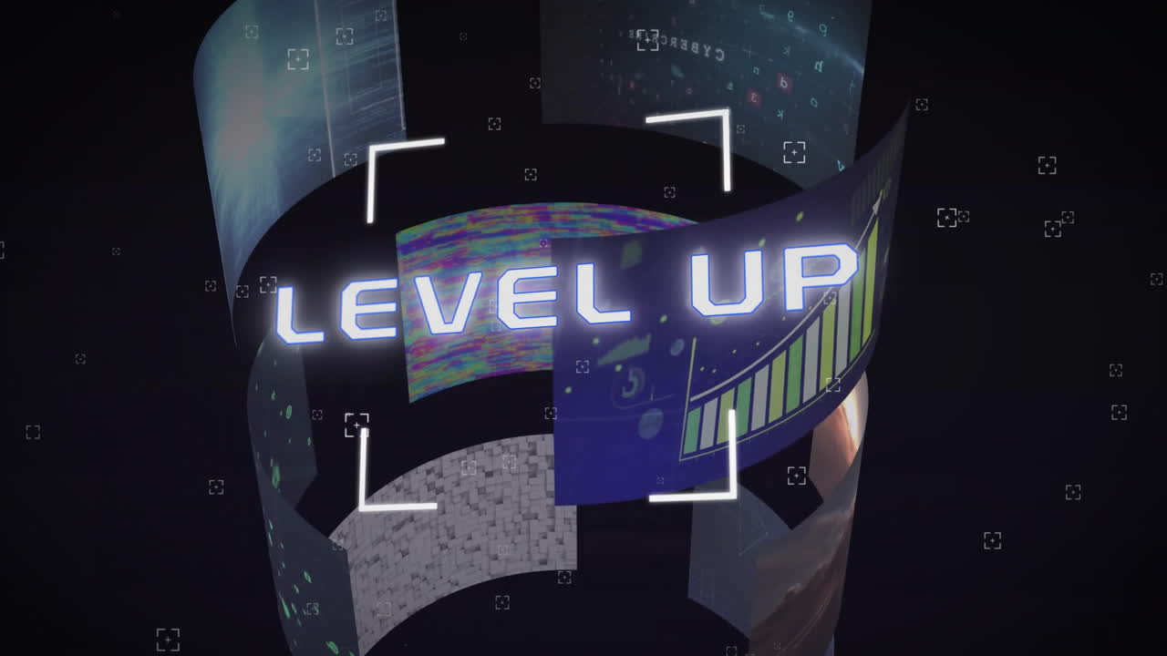 Level up text animation over rotating digital screens on dark background