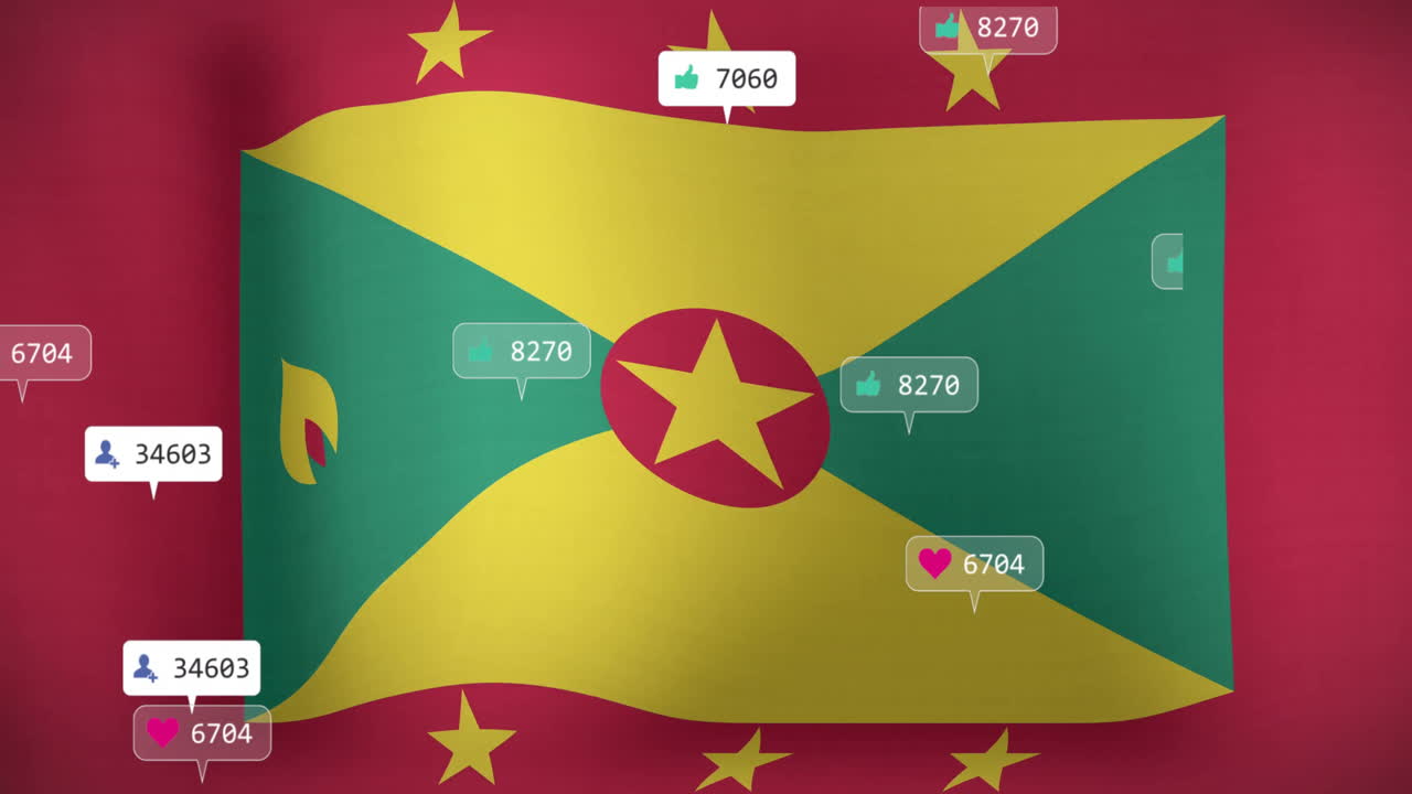 Grenada flag with animation of social media like and heart icons overlaying