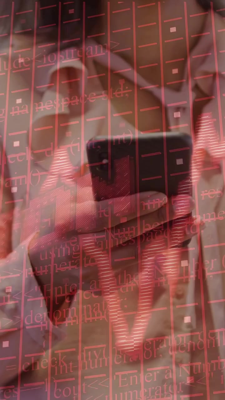 Video verticale: Clinico che tiene in mano il telefono, toccando e facendo pulsare una griglia ECG rossa, controllando i parametri vitali.