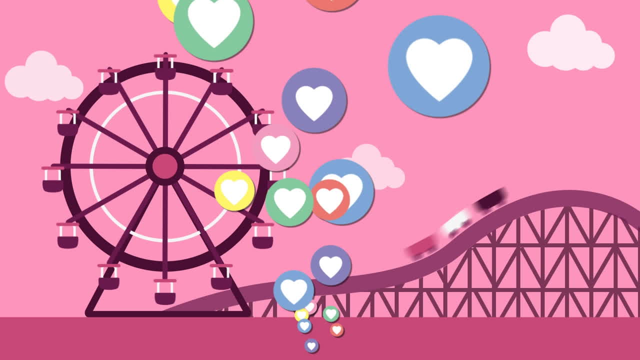 놀이 공원에 대해 떠다니는 다수의 다채로운 심장 아이콘의 디지털 애니메이션