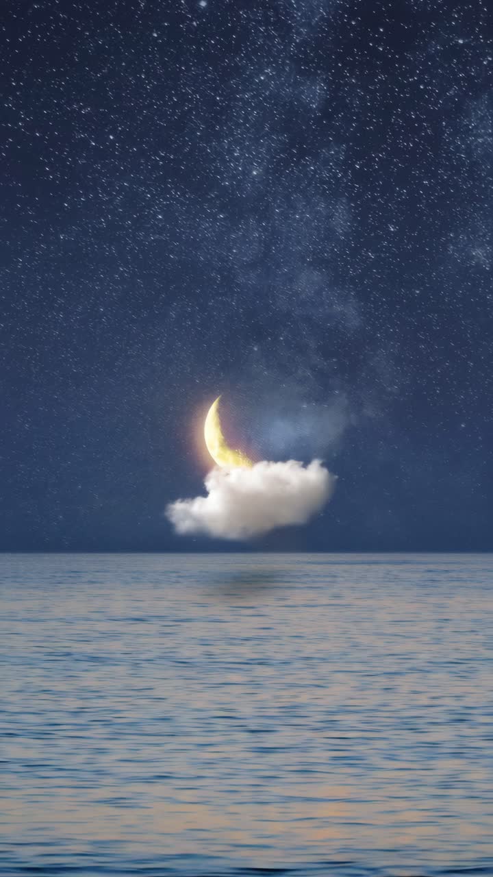 Surreal video concept with a low-angle view of a crescent moon resting on a cloud over a calm sea