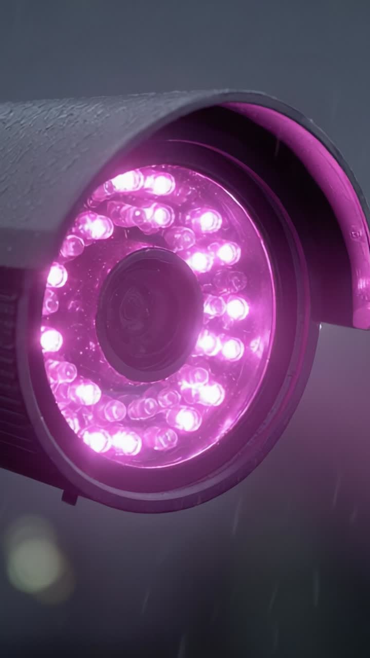 Close-Up of a Modern Security Camera with Bright LED Lights Glowing Purple in a Rainy Environment, Showcasing Advanced Technology and Design