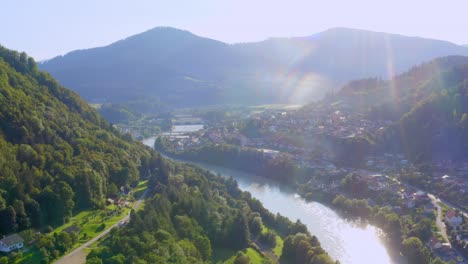 A-done-shot-of-Dravograd-town-and-Drava-river-on-a-sunny-day-in-Slovenia