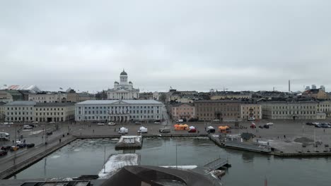 aerial slide and pan shot of tower of famous helsinki cathedral