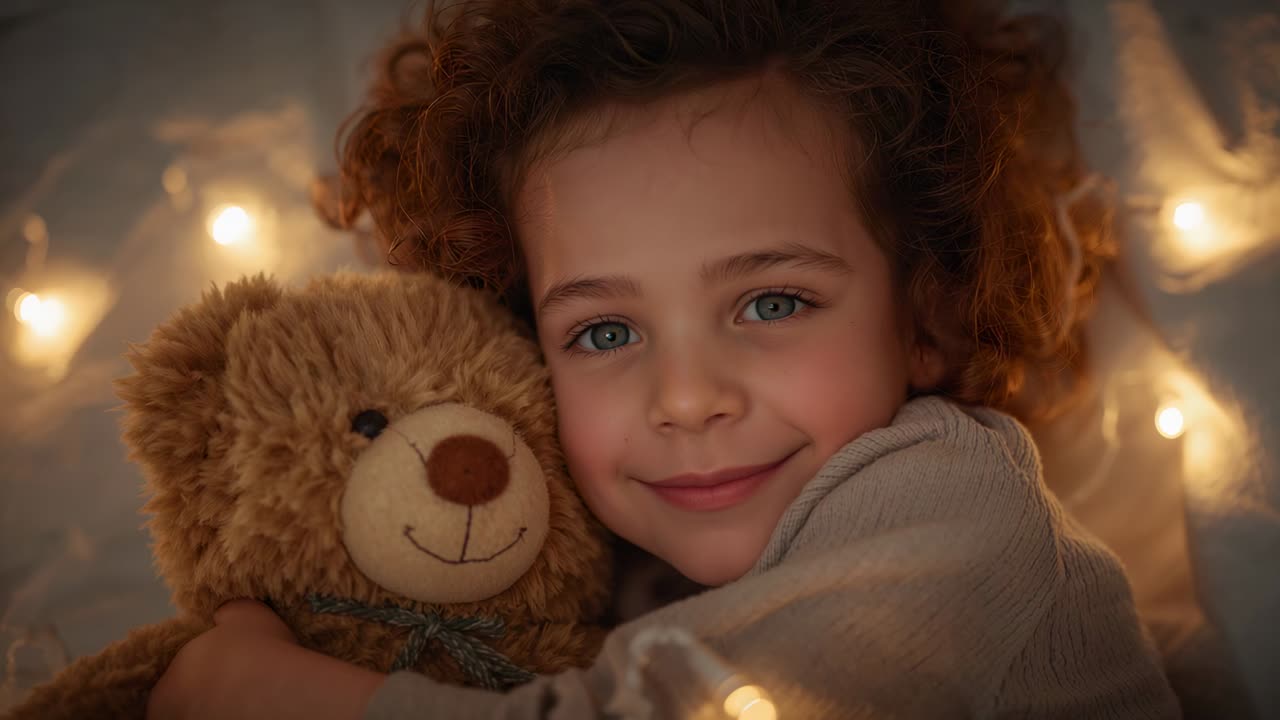 Smiling child in pjs hugging teddy bear in blanket fort with lights, recording starting for comfort