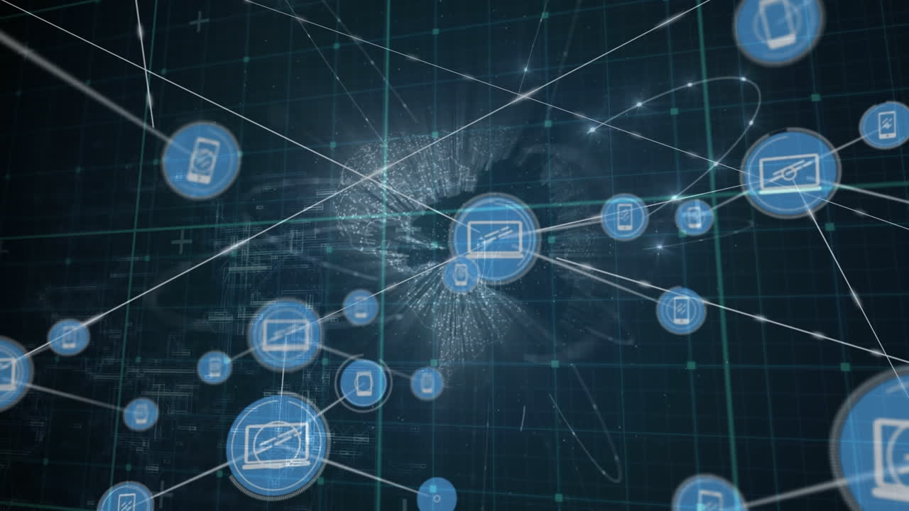 animación de la red de conexiones con iconos de globo y cuadrícula