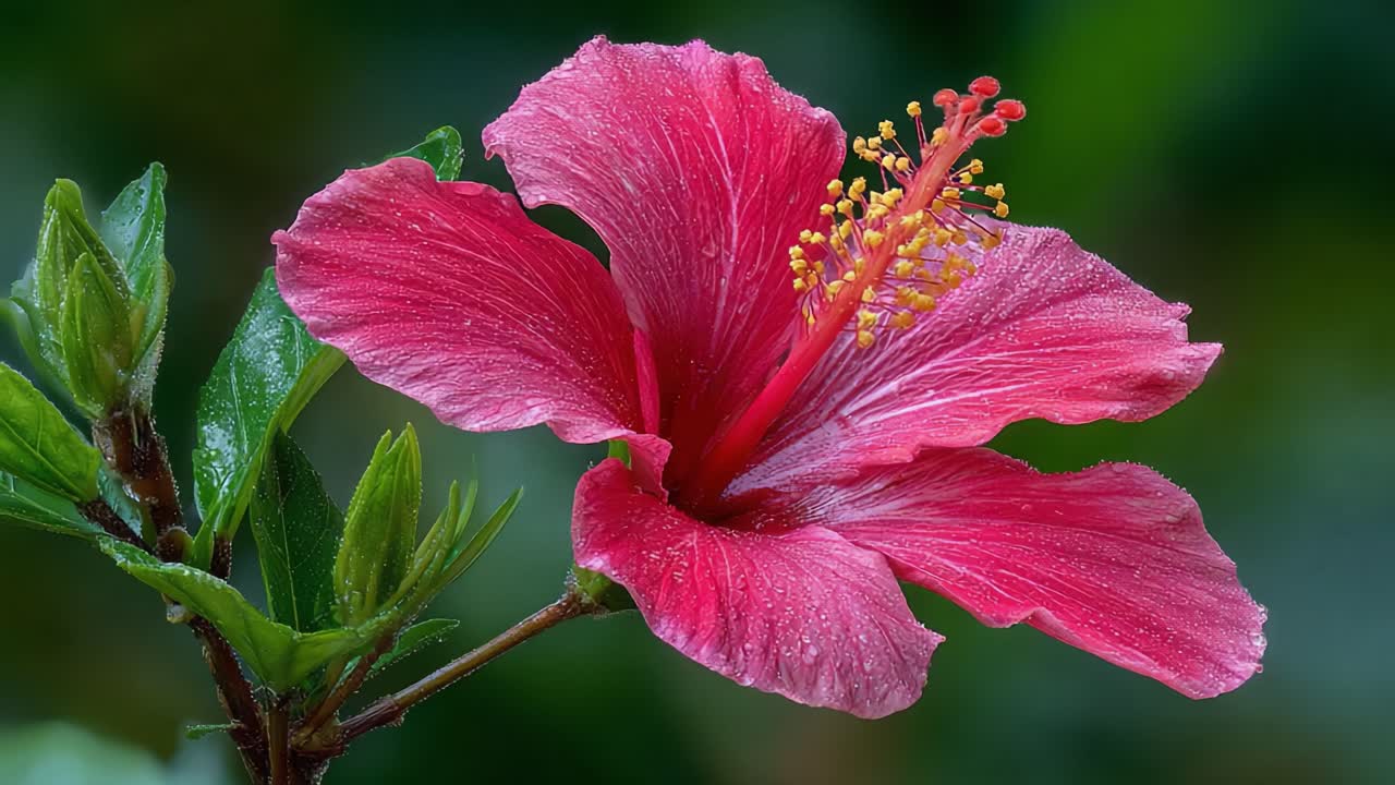 Affascinante fiore di ibisco rosa che mette in mostra i suoi petali vivaci e gli stami intricati, perfettamente catturato su uno sfondo verde lussureggiante con gocce di rugiada che ne esaltano la bellezza naturale