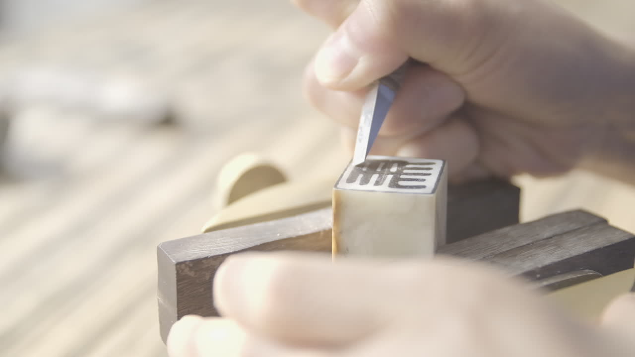 Close up shot of hands and tool carving Chinese name Ma on traditional chop stamp