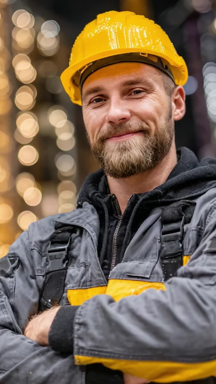 A Confident Construction Worker Smiling in Safety Gear with a Yellow Hard Hat and Work Outfit, Surrounded by Decorative Lights Creating a Bright Atmosphere