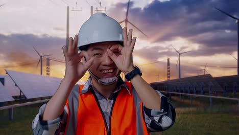 close up of asian male engineer with safety helmet showing ok hand sign over eye and smiling to camera while standing with solar panel and wind turbines