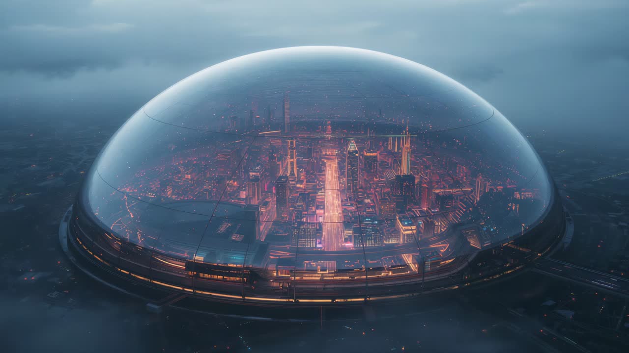 Lighting sequence starting transparent dome city, interior lights warming and boulevard brightening