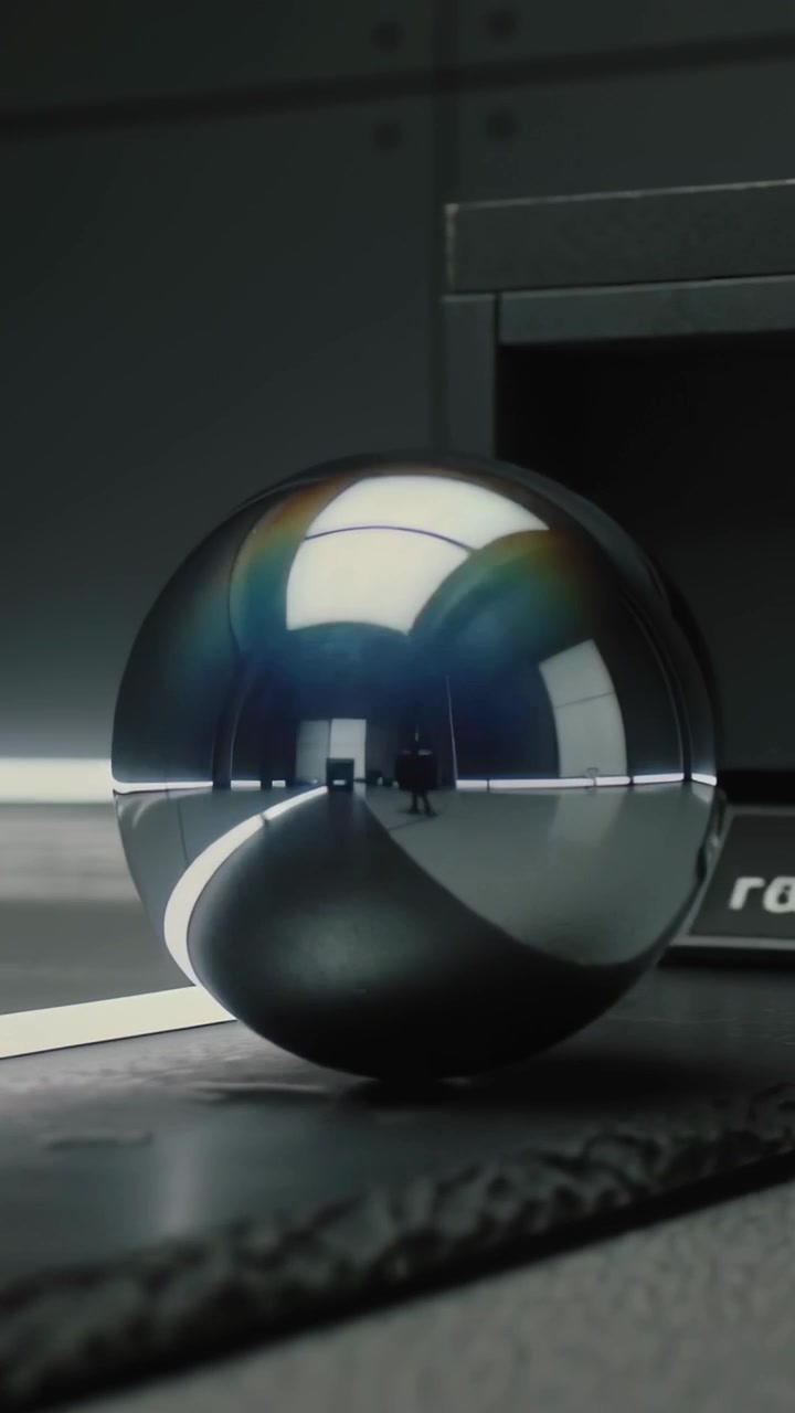 Video verticale: telecamera in movimento che centra una sfera lucida su un tappetino su una panca, rivelando il riflesso del vano