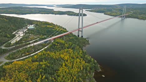 High-Coast-Bridge-Or-Veda-Bridge,-Sweden-During-Sunrise-In-Autumn