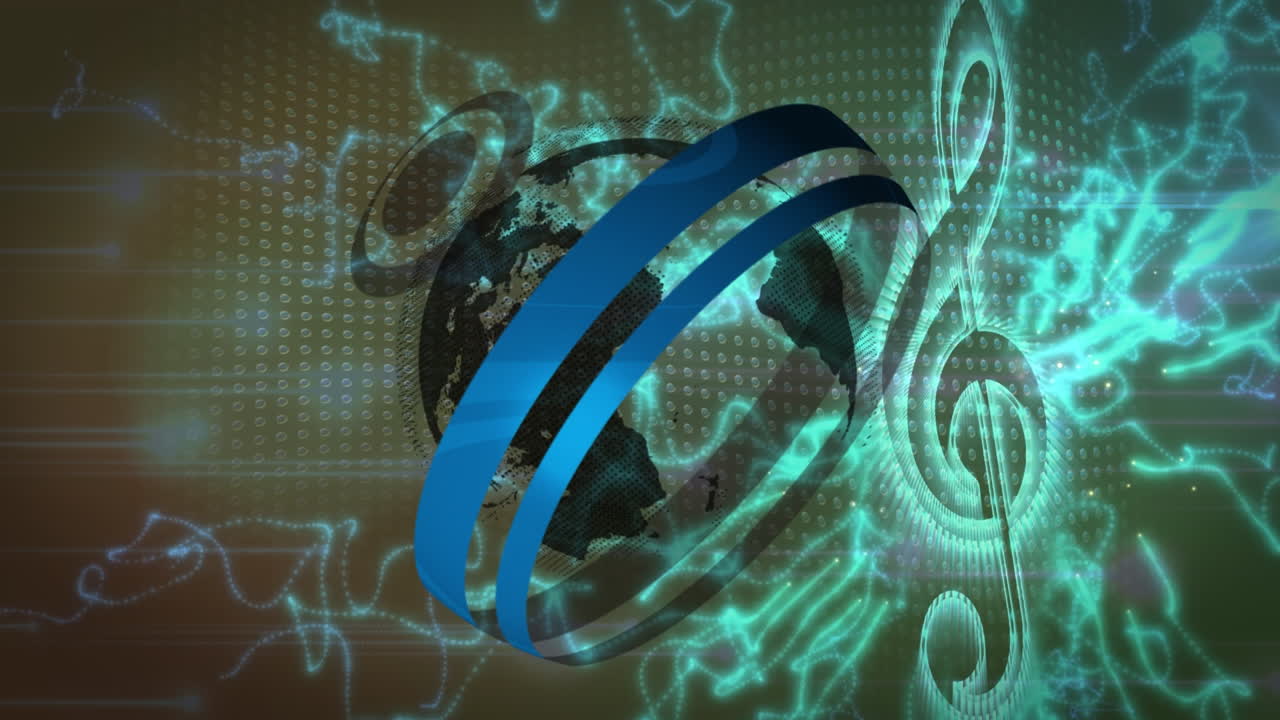 animación de un globo giratorio sobre un elemento musical y ondas digitales contra un fondo gris
