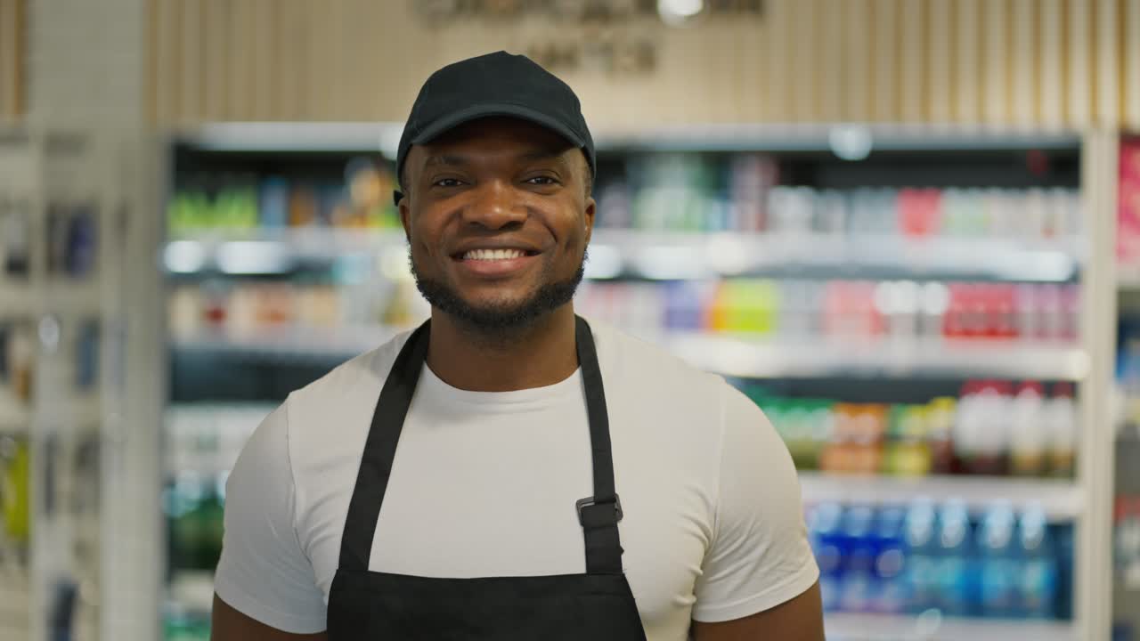 Portrait of a happy man with Black skin color in a white T-shirt and a black apron who smiles and poses near the food counters in a modern supermarket
