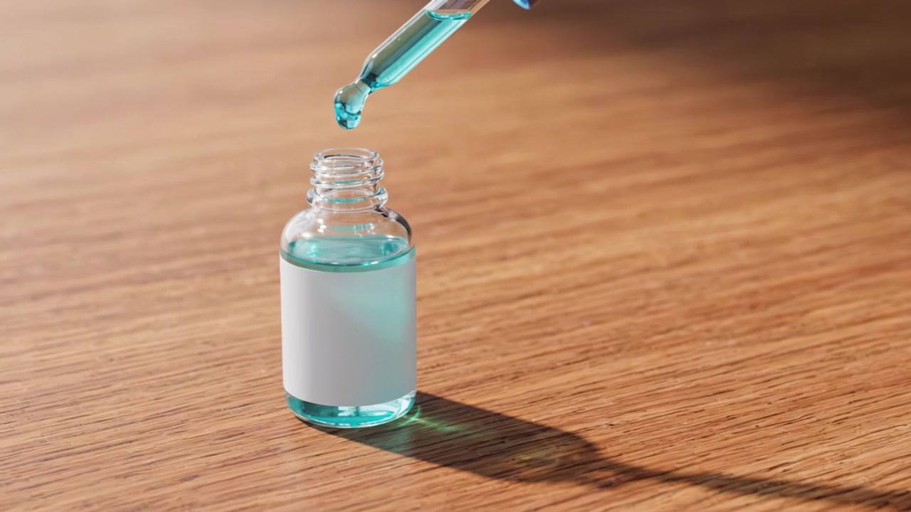 Um frasco conta-gotas de vidro transparente com tampa azul repousa sobre uma superfície de madeira, exibindo seu líquido cintilante e projetando uma sombra sutil abaixo dele.