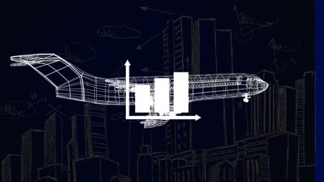 Animation-Der-Statistikverarbeitung-über-Einem-Sich-Drehenden-3D-Flugzeugmodell-Auf-Schwarzem-Hintergrund