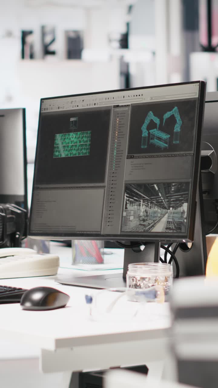 Vertical Video Monitors in photovoltaics factory used to manage performance of robot arms