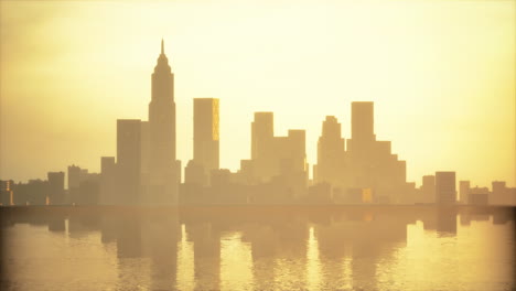 downtown cityscape at sunset in fog