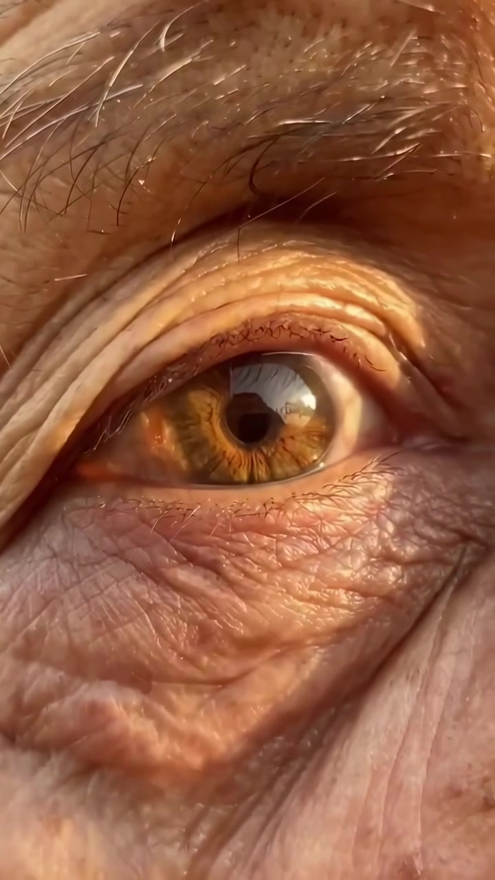 Primissimo piano dell'occhio di una persona anziana che riflette un tramonto