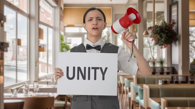 Angry Indian woman waiter protesting for UNITY