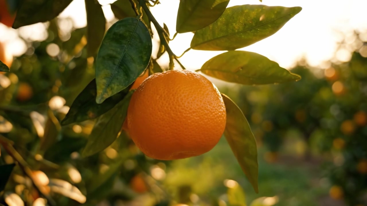 Arance Vivaci Appese ad Alberi Verdi Rigogliosi Sotto il Caldo Bagliore del Tramonto in un Sereno Frutteto, Catturando la Bellezza del Raccolto della Natura