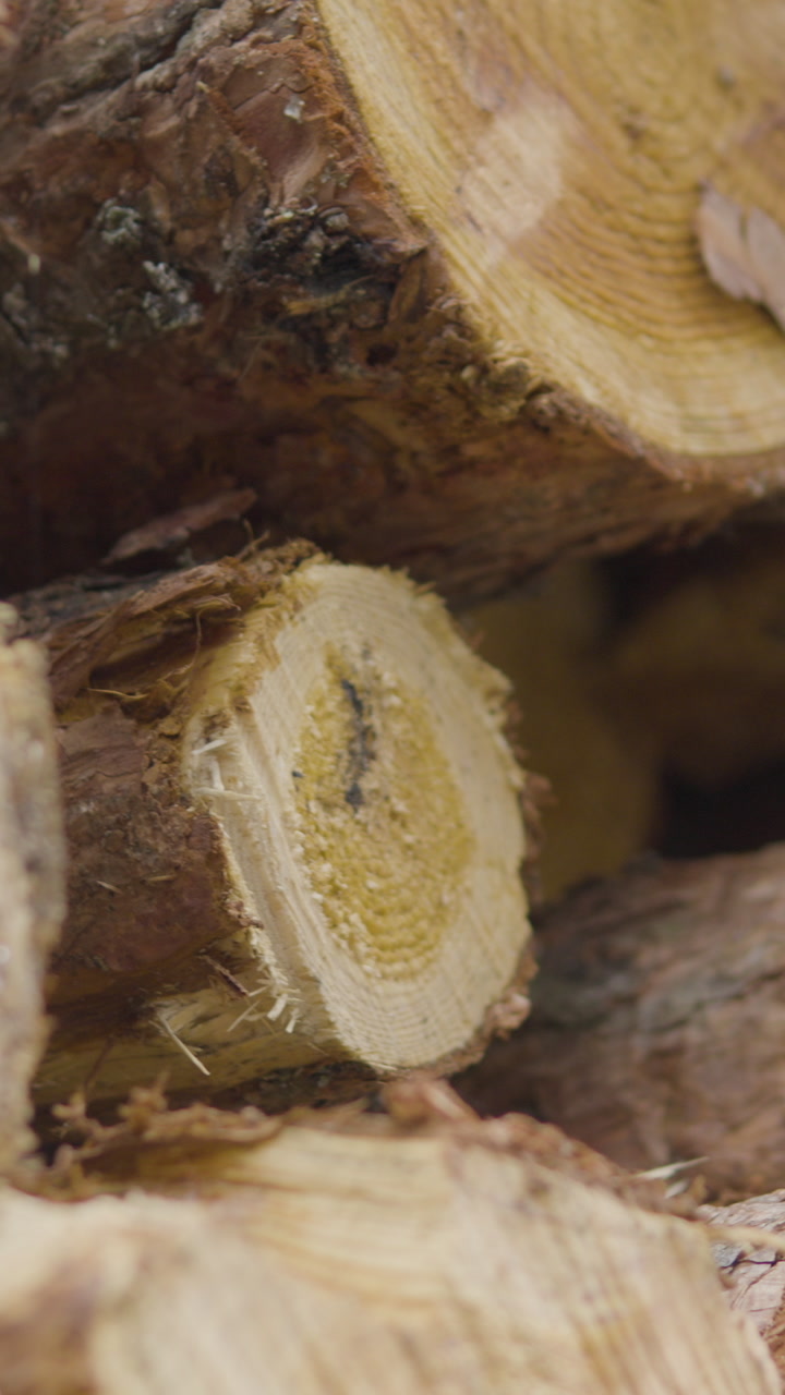 Macro vertical shot of freshly cut pine logs showing detailed bark texture and tree rings for forestry and timber industry themes.