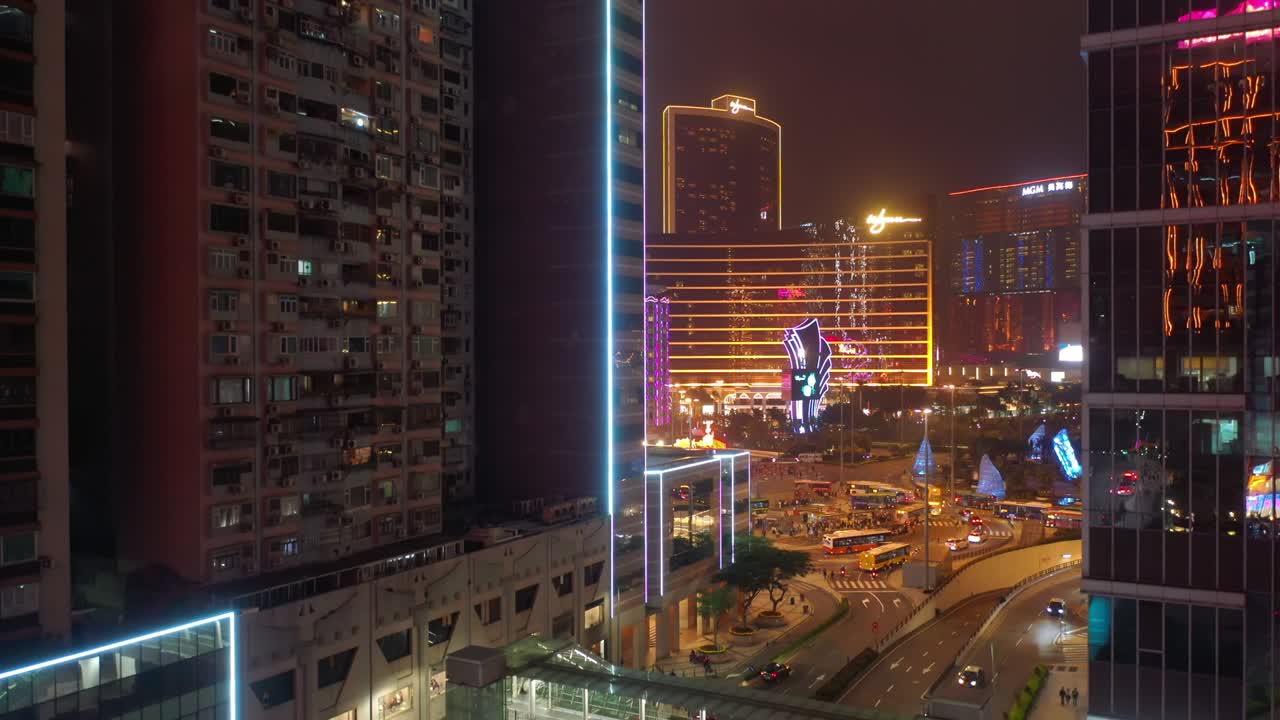 night illuminated macau city famous central street view aerial panorama 4k china