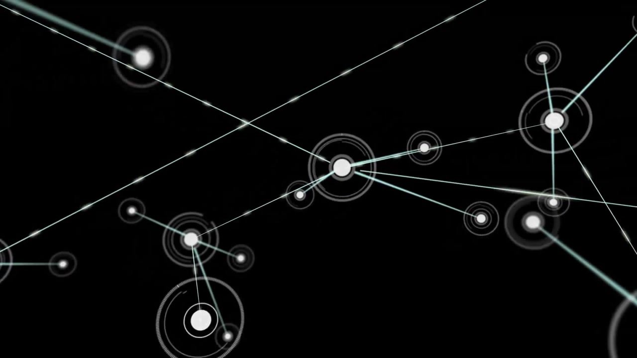 Anelli che si formano attorno a un nodo, avviando il collegamento di rete ed espandendo la mesh di dati, con barre di glitch che lampeggiano