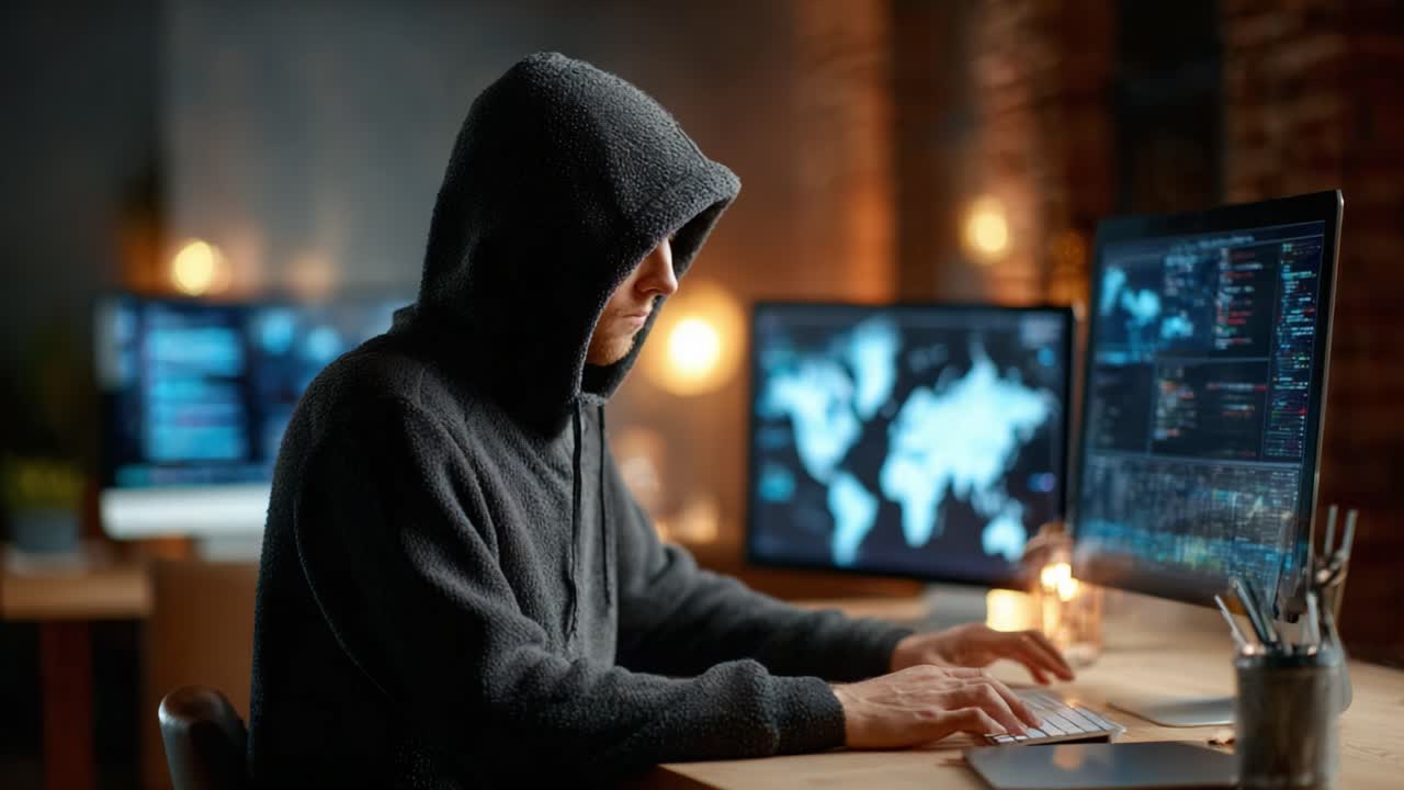 A Mysterious Figure Engaged in Dark Web Activities: Exploring the World of Cybersecurity and Digital Intrigue in a Dimly Lit Room