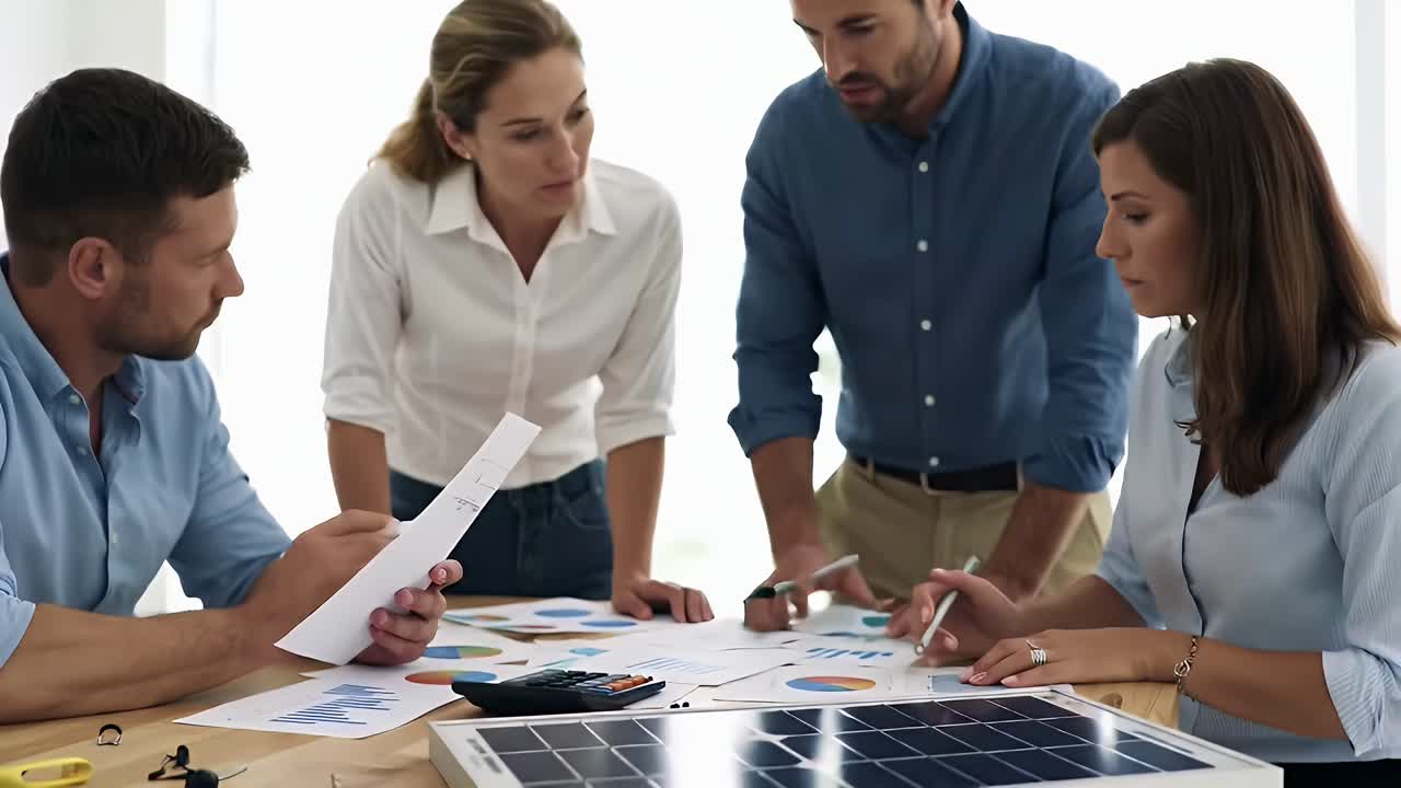 A group of people are sitting around a table with papers and a calculator