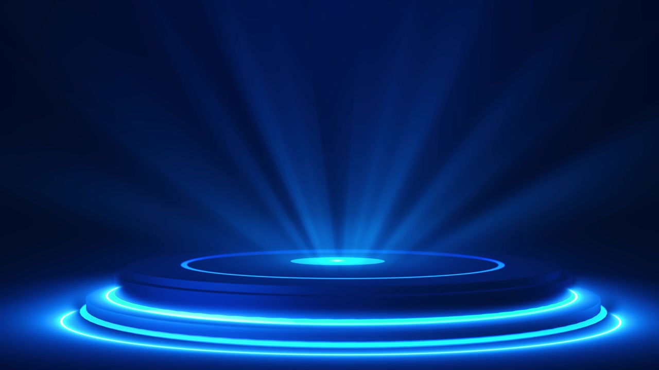 Visuel futuristisk blå produktscene med lysende rundt podium, bløde opadgående lysstråler og rent design.