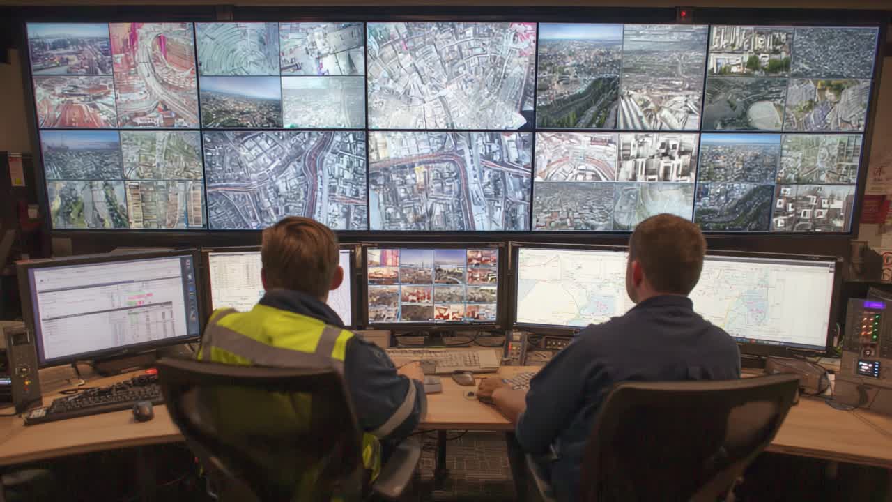 Operational Control Room Overseeing Urban Monitoring with Multiple Digital Screens Displaying Surveillance and Analytical Data for Effective Management
