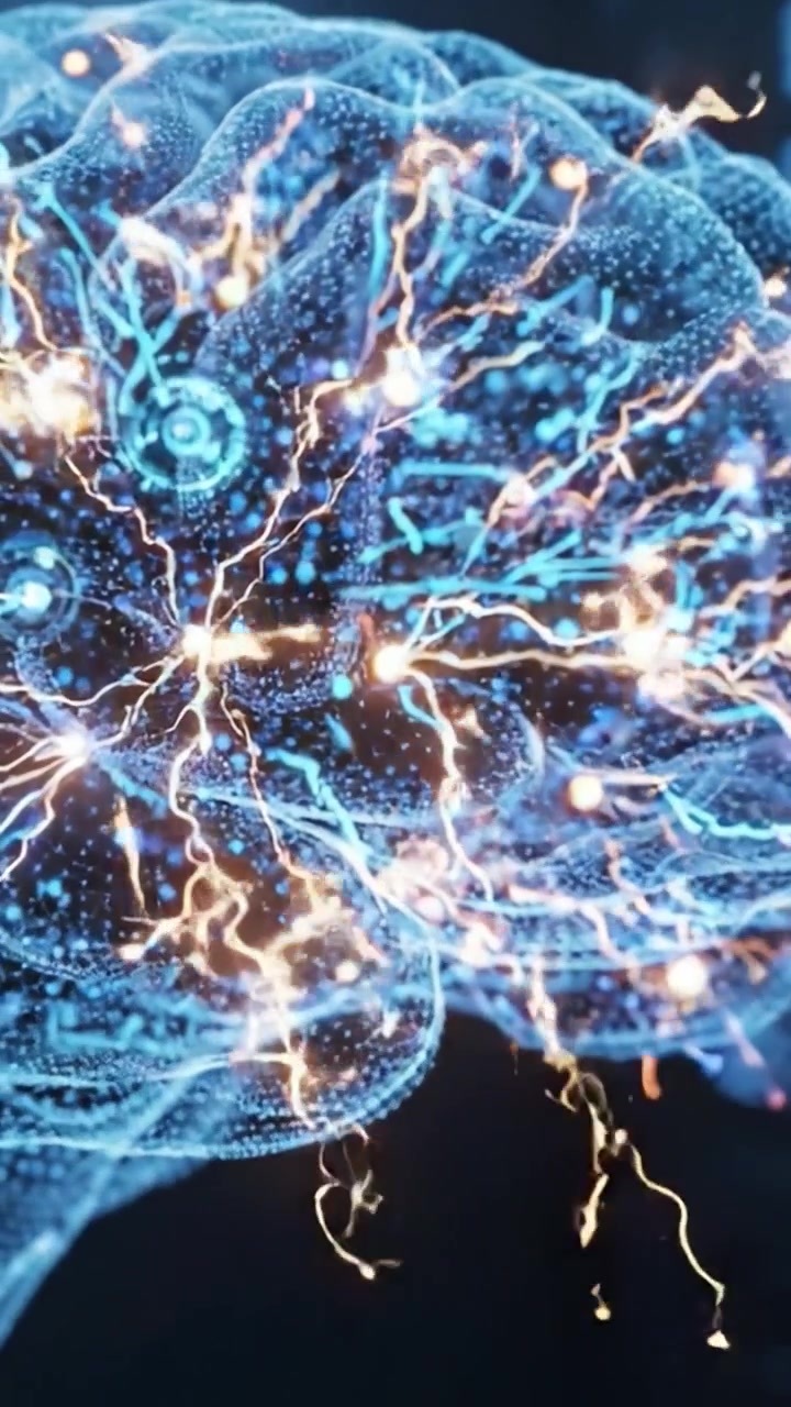 Una straordinaria rappresentazione visiva delle reti neurali: esplorando il cervello umano con particelle luminose ed effetti di luce dinamici