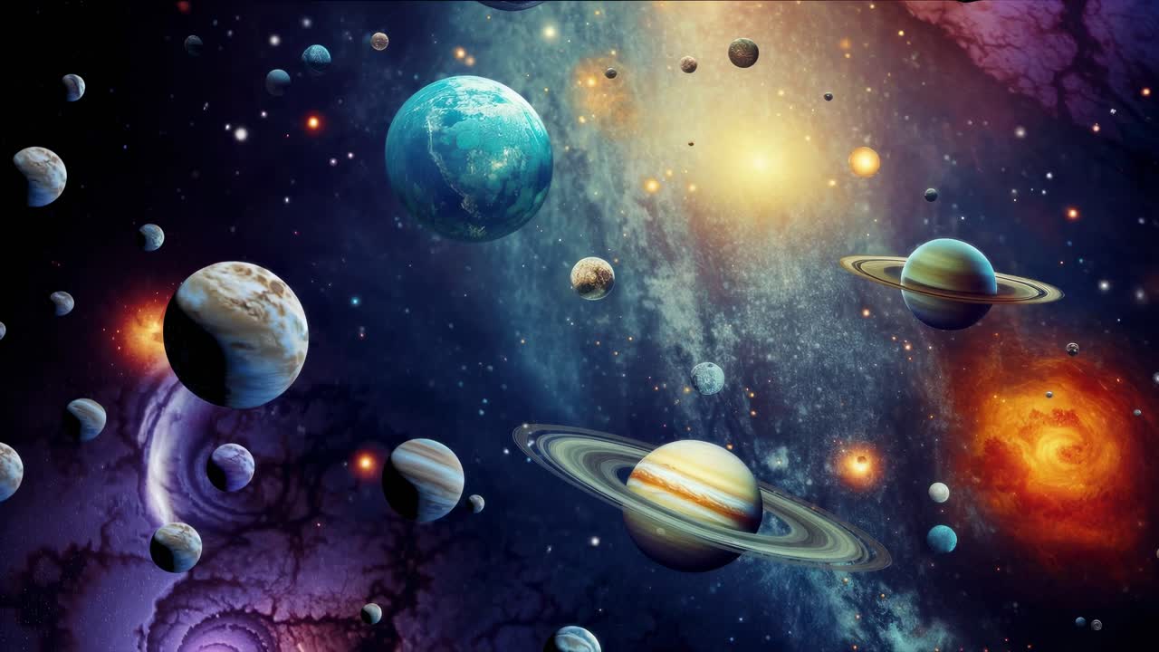 A cosmic video concept featuring a wide-angle view of planets and stars in a vibrant galaxy