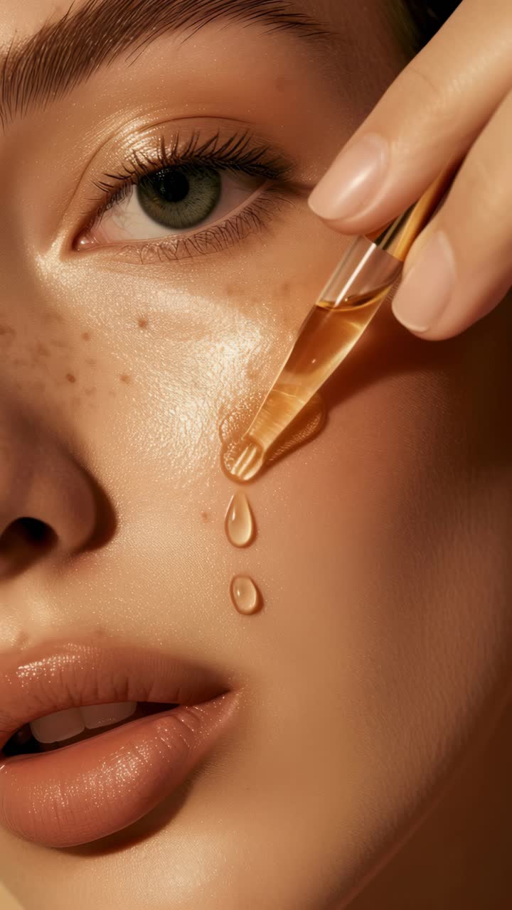 Close-up angle of a model applying serum with a dropper, highlighting skincare