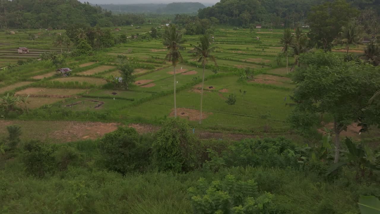Pemandangan drone sawah dekat Gunung Agung saat matahari terbit, Bali
